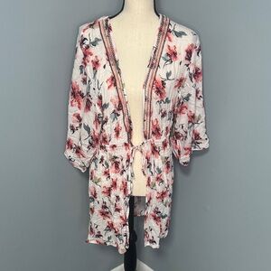 Lucky Brand Women’s White Floral Tie Front Kimono Sz OS